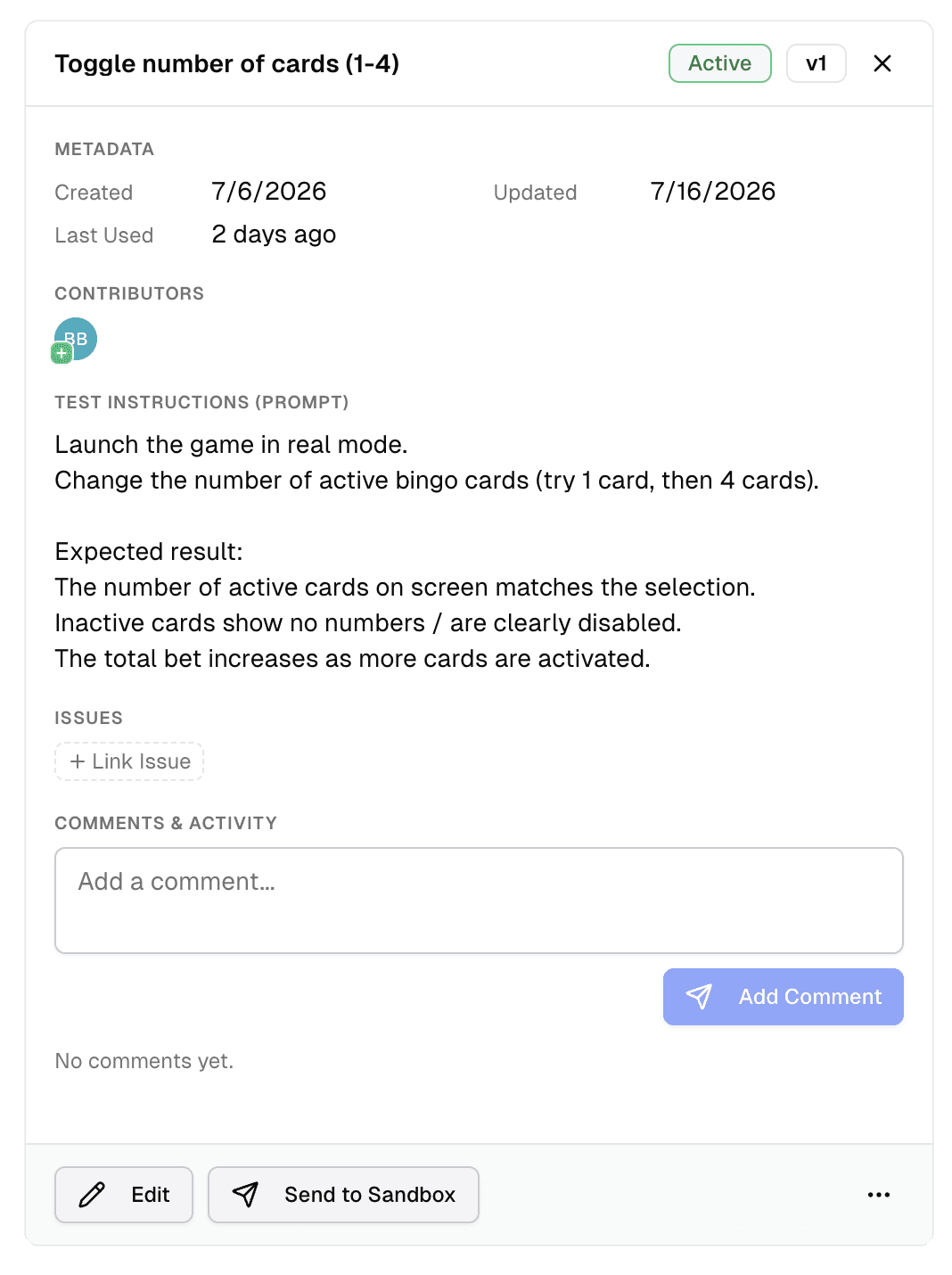 Test case detail panel with status, version, test instructions, issues and comments